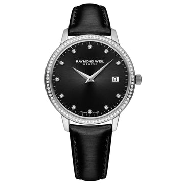 Raymond Weil Toccata Diamonds 5388-SLS-20081 με μαύρο δερμάτινο λουράκι μαύρο καντράν 34mm και διαμάντια.